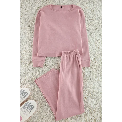 Trendyol Pink Ribbed Knitted Pajama Set