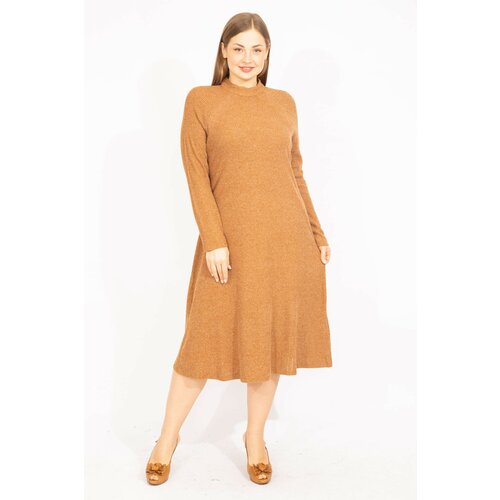 Şans Women's Saffron Plus Size Crew Neck Self Striped Dress Slike