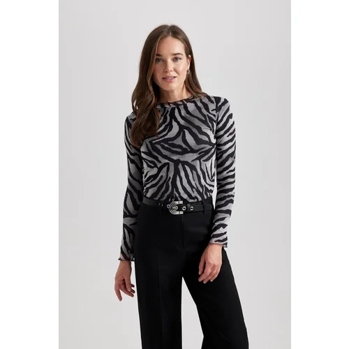 Defacto Crew Neck Zebra Patterned Tulle Long Sleeve T-Shirt Tunic