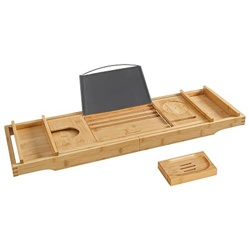 Songmics BCB88Y Raztegljiva bambusova polica za kad s pijačo, stojalo za knjige, podstavek za milo 75-109 x 4,5 x 23 cm (&Scaron;xVxG), Natural, (75-109) x4,5 x 23 cm, (21387315) Cene