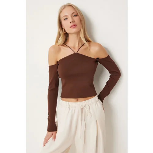 Happiness İstanbul Women's Brown Crossed Thread Knit Blouse