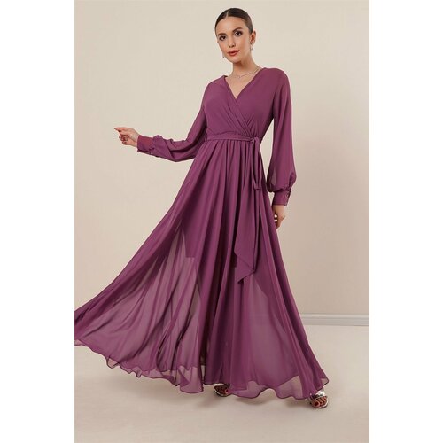 By Saygı Double-breasted Collar Long Sleeves Lined Chiffon Long Dress Dry Rose Slike