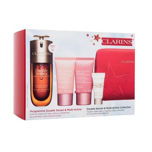Clarins Double Serum & Multi-Active Collection set: serum za obraz Double Serum 50 ml + dnevna krema za obraz Multi-Active Jour 15 ml + nočna krema za obraz Multi-Active Nuit 15 ml + podlaga za ličila SOS Primer 5 ml + rdeča kozmetična torbica za ženske Cene