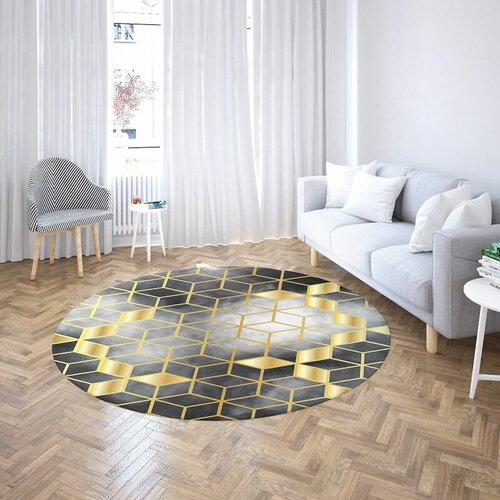 Okrugli tepih sa gumenom podlogom 160x160cm - 3D kocke sivo-zlatni, TG-1062 Slike