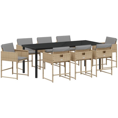 VidaXL 9-dijelni vrtni blagovaonski set s jastučićima u bež poliratu, vrtni stol crni 200x80x73 cm kaljeno staklo Slike