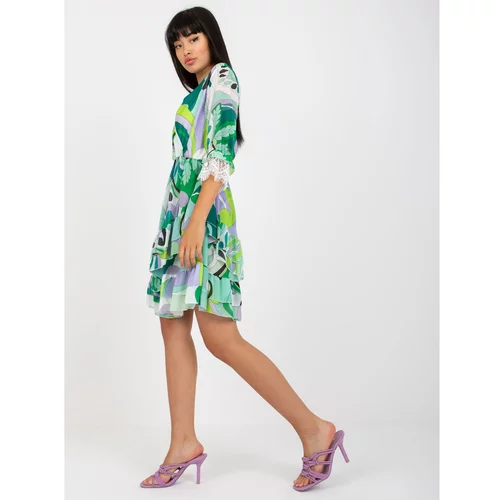 Fashion Hunters Green and purple wrap dress with frills and prints