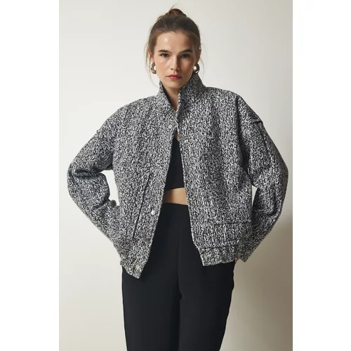Happiness İstanbul Women's Dark Gray Oversized Boucle Jacket with Snap fastener