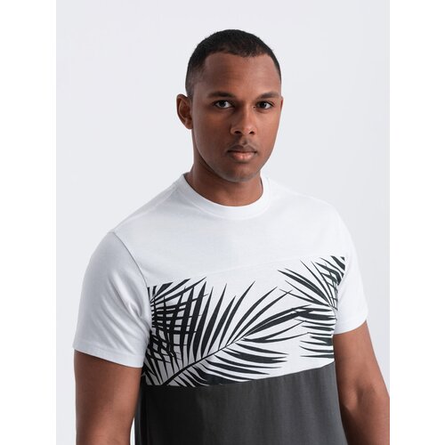 Ombre Men's two-tone t-shirt with palm leaf print - dark grey Cene