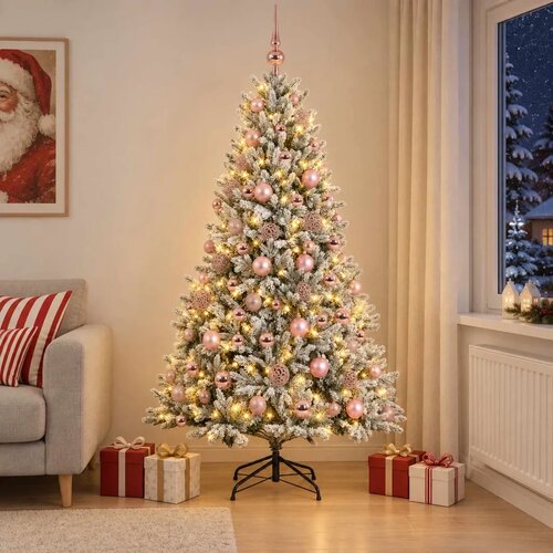  Umjetno božićno drvce s kuglicom 240 cm 300 LED lampica - Zelena i bijela 240 cm s LED-ima i ružičastim lopticama Slike