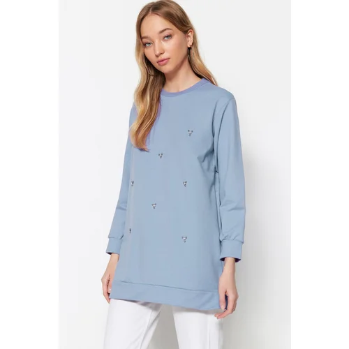 Trendyol Blue Crew Neck Stone Detailed Knitted Tunic