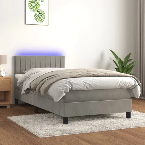 vidaXL Box spring postelja z vzmetnico LED svetlo siva 90x200 cm žamet