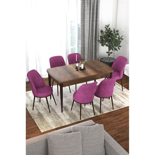 Hanah home trpezarijski set Via, sto na razvlačenje i 6 stolica, ploča u dekoru drveta Baroque, ljubičasta tkanina Jerry Cene