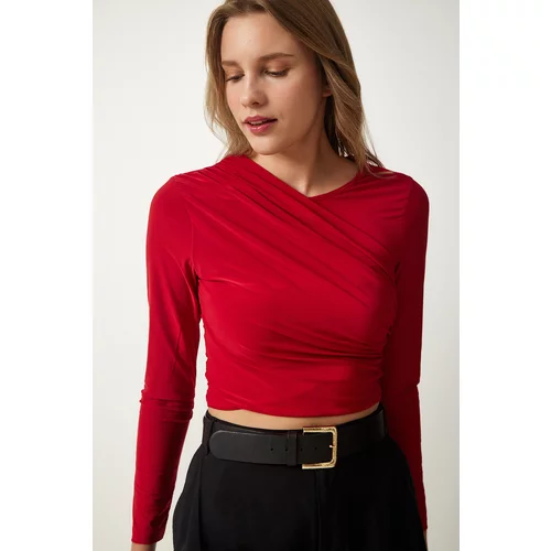 Happiness İstanbul Women's Red Gathered Detailed Crop Sandy Blouse