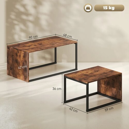  Set od 2 stolića za kavu stolića za sofu pomoćnih stolića iverica metal 90 x 48 x 42 cm/59 x 42 x 36 cm crna+smeđa Slike