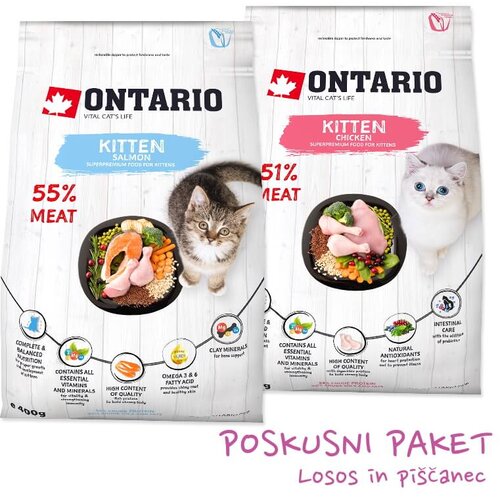 Ontario Kitten poskusni paket za mladičke - pi&scaron;čanec, losos - 2 x 400 g Cene
