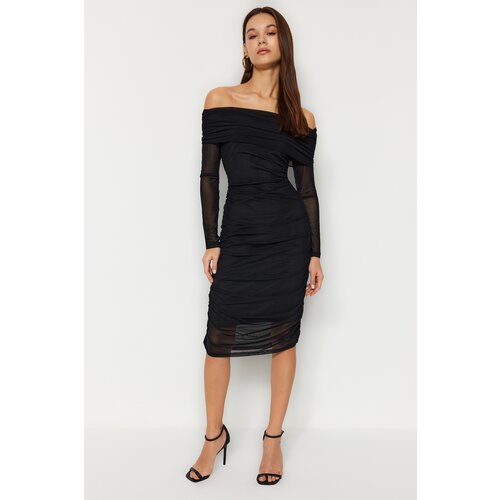 Trendyol Black Carmen Collar Fitted Tulle Lined Midi Gathered Knitted Dress Slike