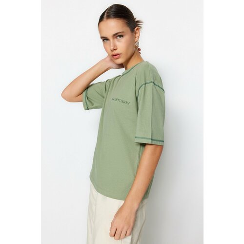Trendyol Green 100% Cotton Bedstead Stitched and Printed Relaxed/Wide, Comfortable-Cut Knitted T-Shirt Cene