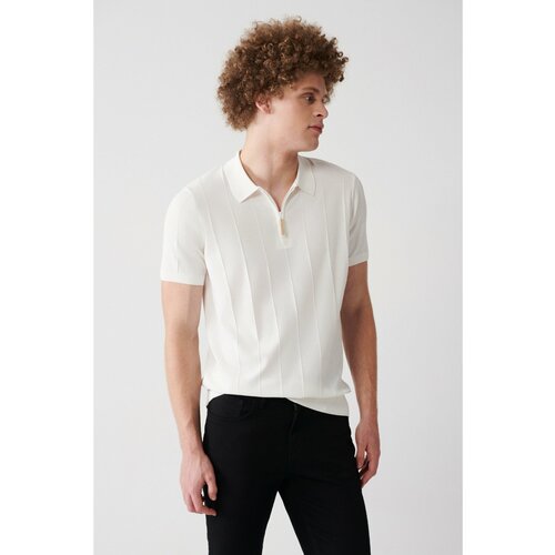 Avva Men's White Polo Neck Zipper Ribbed Knit Detailed Ribbed Slim Fit Slim Fit Knitwear T-shirt Slike