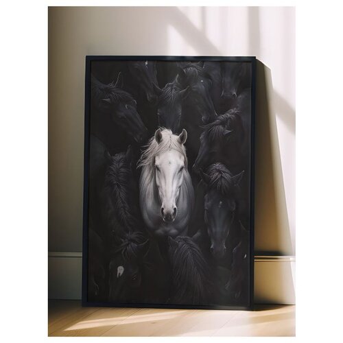 Wallxpert uramljena slika 115190, beli konj među crnim konjima, 30 x 40 cm, crni ram Cene