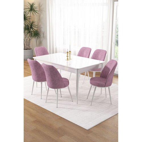 Hanah home trpezarijski set Pir, sto i 6 stolica, bela ploča, roze tkanina Babyface Cene