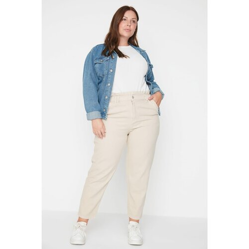 Trendyol Curve Beige High Waist Elastic Waist Mom Jeans Slike