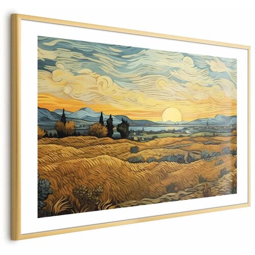  Plakat Impressionistic fields - painted golden landscape with fields of grain 42x29.7 Zlatni okvir s margom Cene