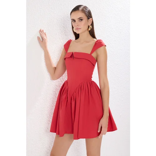 Trendyol Red A-Line Buttoned Poplin Woven Poplin Short Chic Dress