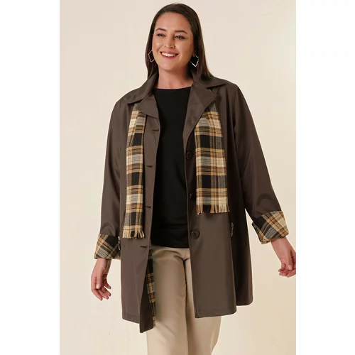 By Saygı Lined, Zippered Pocket, Scarf With Accessories Plus Size Bondit Coat Brown.