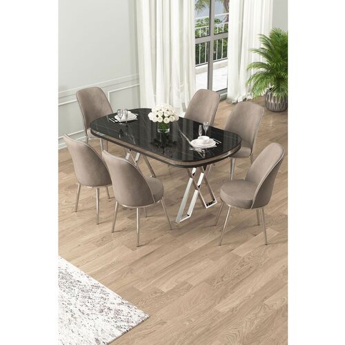 Hanah home Lai - Black Marble, Chrome, Cappuccino Black MarbleChromeCappuccino Dining Table & Chairs Set (7 Pieces) Cene