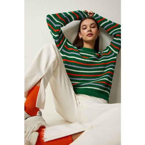 Happiness İstanbul Women's Green Striped Knitwear Sweater Slike
