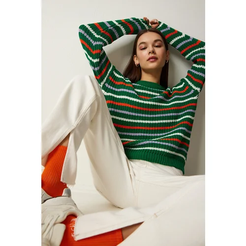  Women's Green Striped Knitwear Sweater