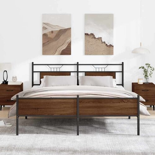 Metalni Kovinski posteljni okvir brez vzmetnice rjavi hrast 183x213 cm, (21829052) Slike