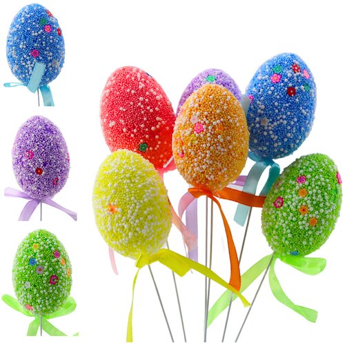 Easter Eggs On A Wire Pick Colorful White Patterns Ribbon Decoration 6pcs Cijene