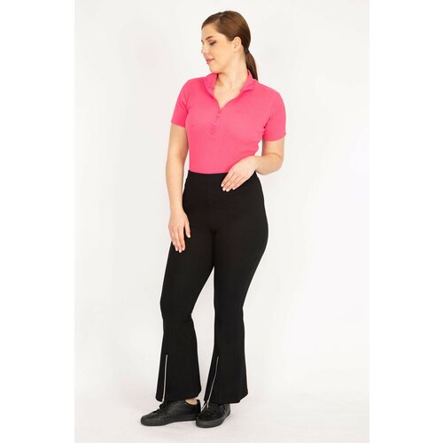 Şans Women's Black Plus Size Zipper Detailed Slim-fit Tights Trousers Slike