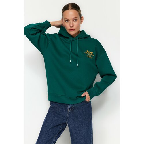Trendyol Emerald Regular / Regular fit Embroidered Hood, Fleece Inner Knitted Sweatshirt Cene