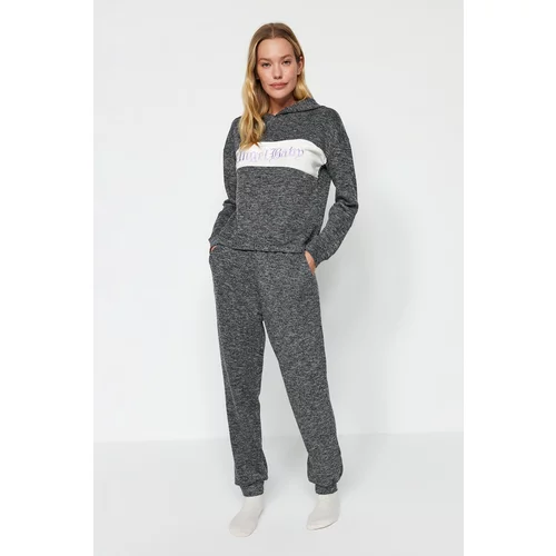 Trendyol Gray Motto Printed Sweatshirt-Jogger Knitted Pajamas Set