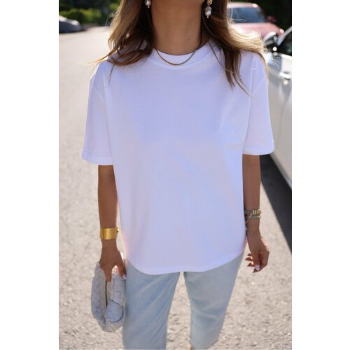 Laluvia White 100% Cotton Brand Model Crew Neck Basic T-shirt Cene