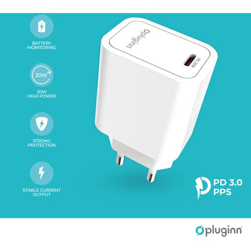Kućni punjač pluginn PI-D61S, PD3.0, pps, 20W sa pd iphone lightning kablom beli Slike