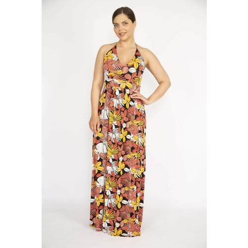 Şans Women's Colorful Plus Size V-neck Slit Long Dress with Plunging Back Straps Slike