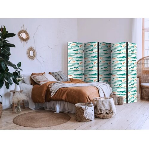  Paravan - Fish Jumping Above The Waves - Oriental Fish And Water Lilies Among High Waves in Shades of Sea Green 225x172 Dvostran Cene
