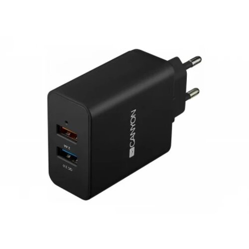 Canyon H-07 Universal 2xUSB AC charger (in wall) with over-voltage protection(1 USB with Quick Charger QC3.0), Input 100V-240V, Output USB/5V-2.4A+QC3.0/5V-2.4A&9V-2A&12V-1.5A, with Smart IC, Black rubber coating+QC3.0 port in blue/other port in orange, 9 Slike