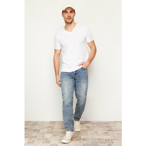 Trendyol Men's White Regular/Normal Fit V-Neck Basic 100% Cotton T-Shirt Slike
