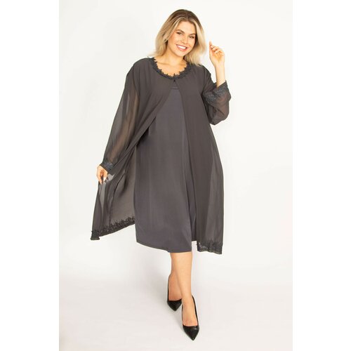 Şans Women's Plus Size Smoked Chiffon Cape Lace Detailed Evening Dress Slike