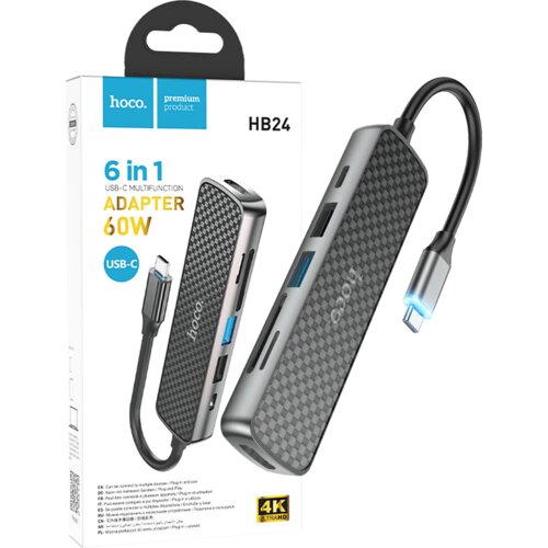Hoco. Konverter USB HUB type C to HDMI/USB3.0/USB2.0/SD/ TF/PD - HB24 Easy display Slike