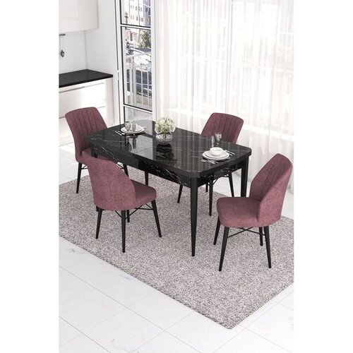 Hanah home trpezarijski set Eva, sto na razvlačenje i 4 stolice, ploča u dekoru crnog mermera, puder roze tkanina Babyface Cene