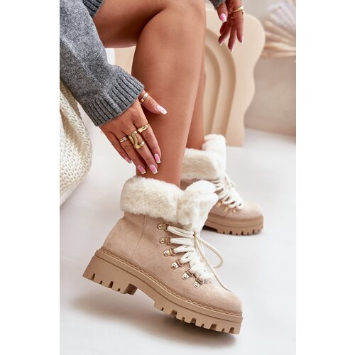 FI1 Lace-Up Women&amp;#039;s Ankle Boots with Fur Light Beige Vaminia Slike