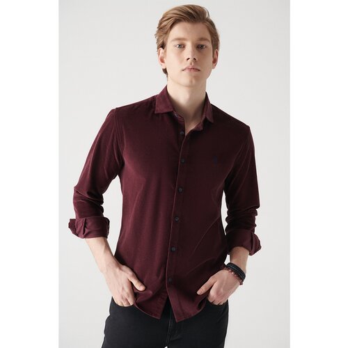 Avva Men's Burgundy Velvet Buttoned Collar Cotton Standard Fit Normal Cut Shirt Cene