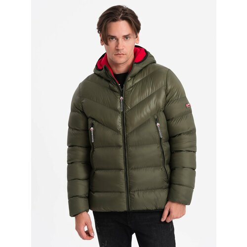 Ombre Men's quilted winter jacket with combined materials - dark olive green Slike