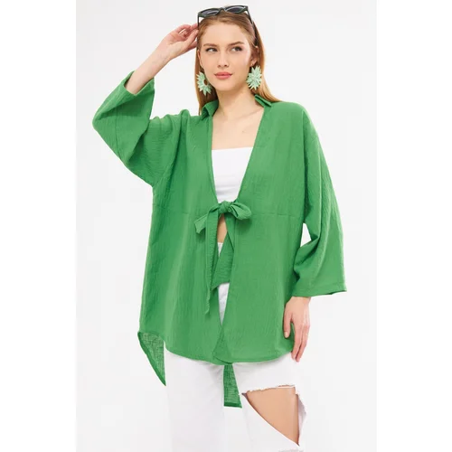 armonika Women's Green Linen Look Front Tie Kimono Shirt