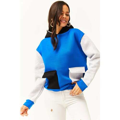 Olalook Women's Saxe Blue Gray Color Block Fleece Inner Sweatshirt Cene